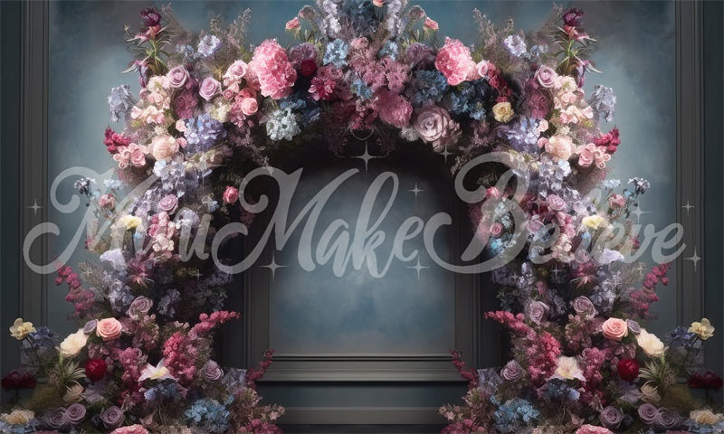 Kate Fine Art Blau Rosa Lila Floral Arch Interieur Hintergrund von Mini MakeBelieve - Kate Backdrop.de