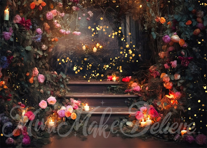 Kate Fine Art Forest Floral Fairy Lights on Stairs Hintergrund von Mini MakeBelieve - Kate Backdrop.de