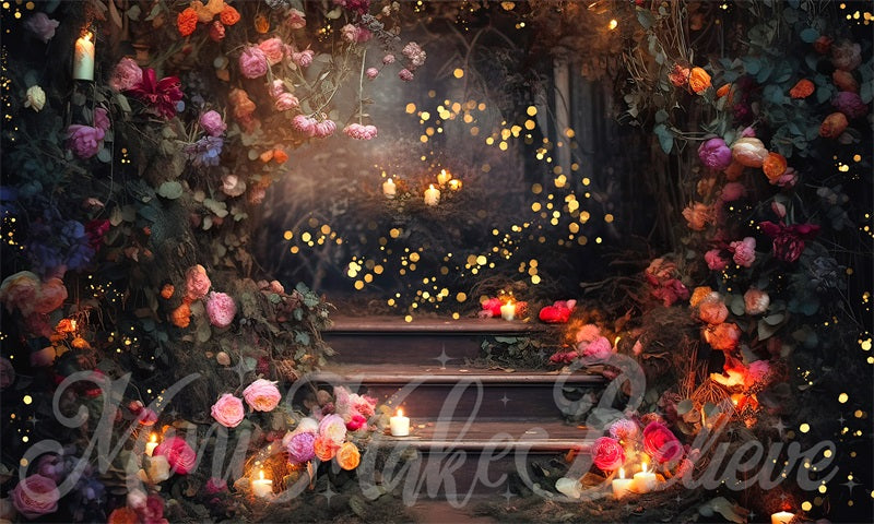 Kate Fine Art Forest Floral Fairy Lights on Stairs Hintergrund von Mini MakeBelieve - Kate Backdrop.de