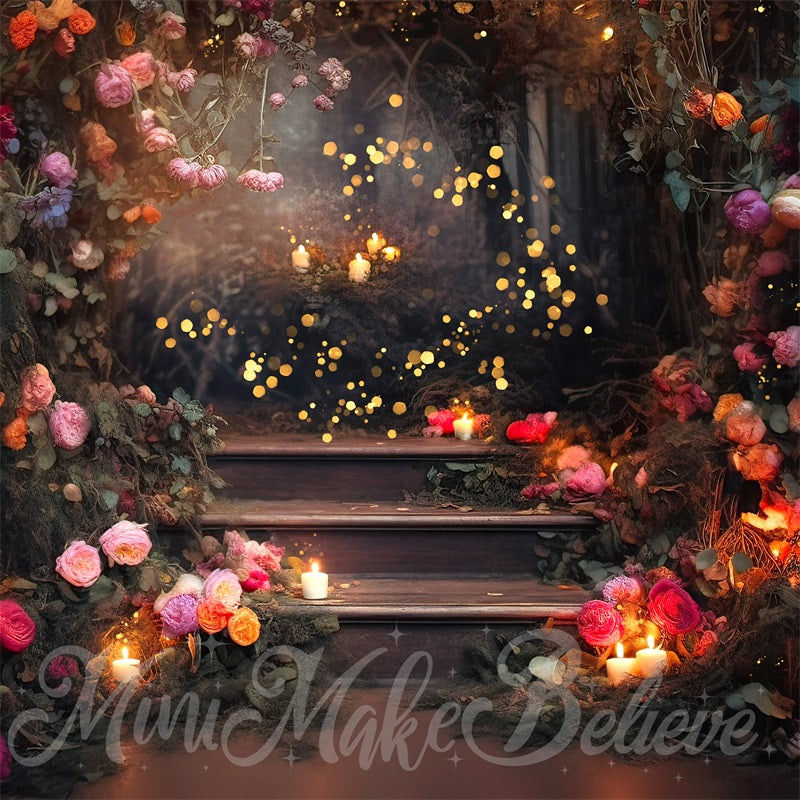 Kate Fine Art Forest Floral Fairy Lights on Stairs Hintergrund von Mini MakeBelieve - Kate Backdrop.de