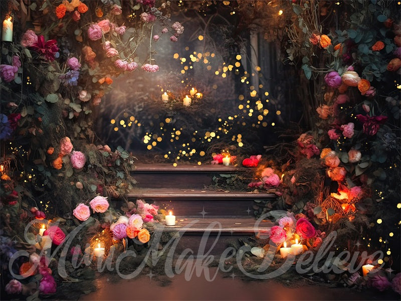 Kate Fine Art Forest Floral Fairy Lights on Stairs Hintergrund von Mini MakeBelieve - Kate Backdrop.de
