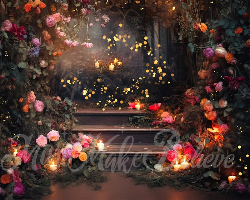 Kate Fine Art Forest Floral Fairy Lights on Stairs Hintergrund von Mini MakeBelieve - Kate Backdrop.de