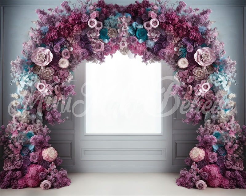 Kate Fine Art Light Interieur mit Rosa Blau Lila Blume Bogen Hintergrund von Mini MakeBelieve - Kate Backdrop.de