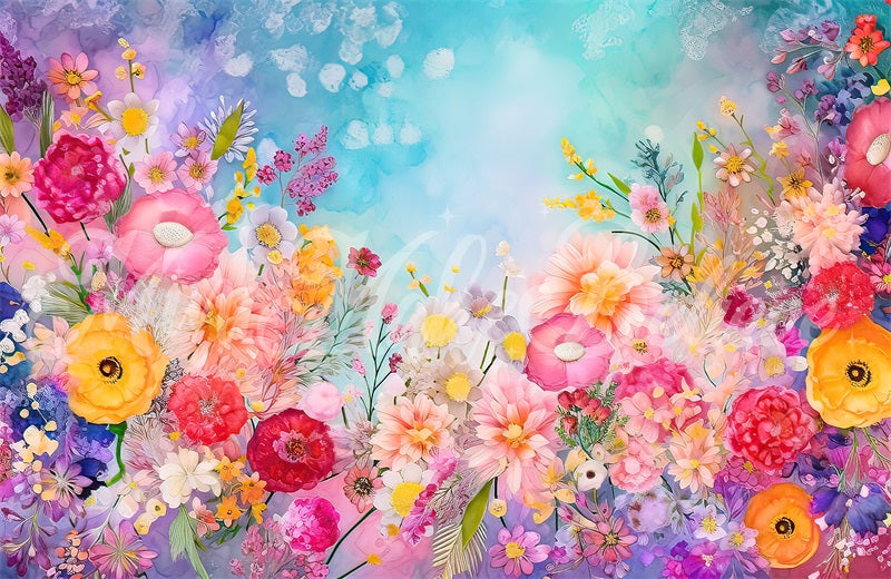 Kate Aquarell gemalt hellen Frühling Sommer Blumen Geburtstag Torte Smash Hintergrund von Mini MakeBelieve - Kate Backdrop.de