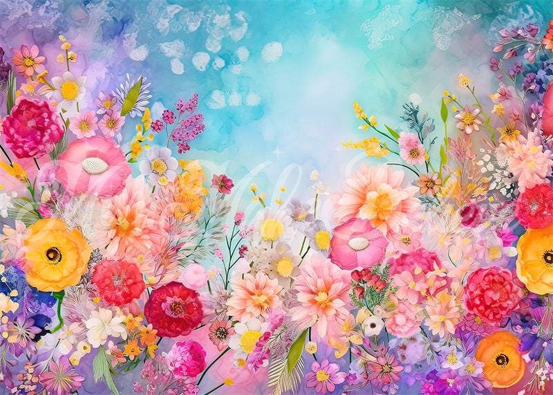 Kate Aquarell gemalt hellen Frühling Sommer Blumen Geburtstag Torte Smash Hintergrund von Mini MakeBelieve - Kate Backdrop.de