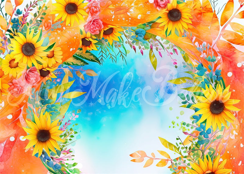 Kate Aquarell gemalt floralen blauen Himmel und Sonnenblumen Hintergrund von Mini MakeBelieve - Kate Backdrop.de