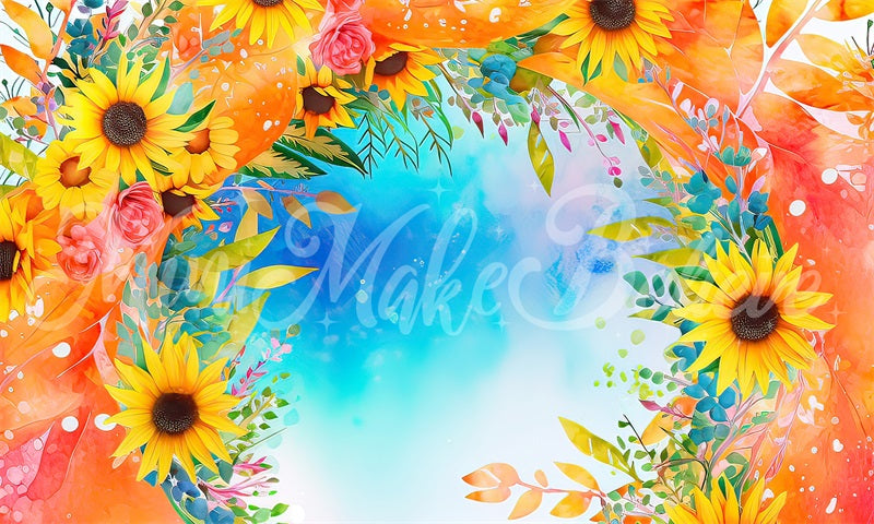 Kate Aquarell gemalt floralen blauen Himmel und Sonnenblumen Hintergrund von Mini MakeBelieve - Kate Backdrop.de