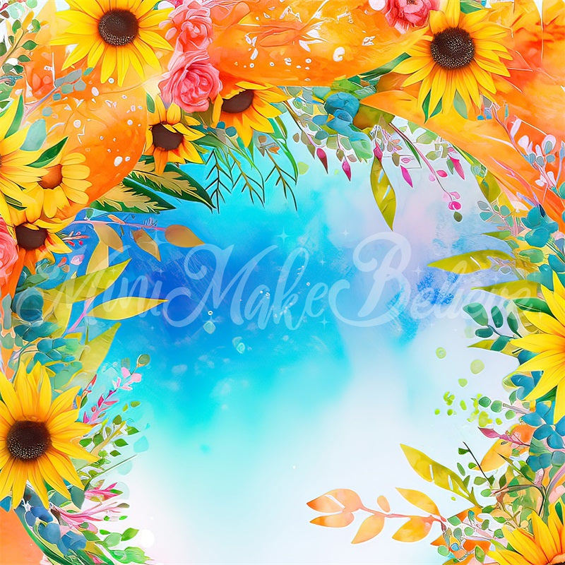 Kate Aquarell gemalt floralen blauen Himmel und Sonnenblumen Hintergrund von Mini MakeBelieve - Kate Backdrop.de