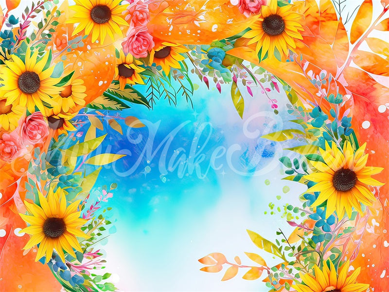 Kate Aquarell gemalt floralen blauen Himmel und Sonnenblumen Hintergrund von Mini MakeBelieve - Kate Backdrop.de