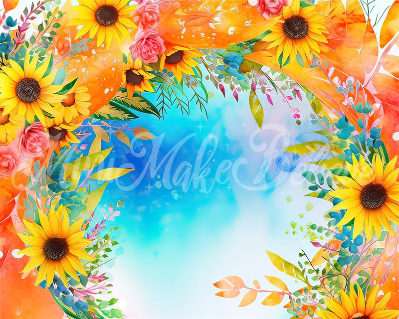 Kate Aquarell gemalt floralen blauen Himmel und Sonnenblumen Hintergrund von Mini MakeBelieve - Kate Backdrop.de