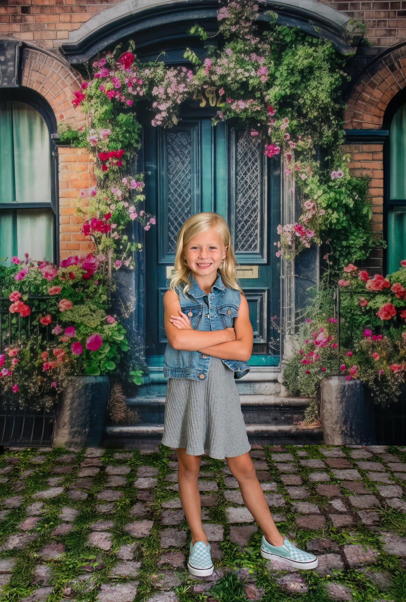 Kate Bunte Frühlingsblumen mit Teal Tür Hintergrund von Mandy Ringe Fotograf - Kate Backdrop.de