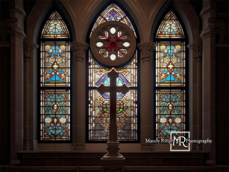 Kate Gotisches Buntglasfenster mit Kreuz Hintergrund von Mandy Ringe Fotograf - Kate Backdrop.de