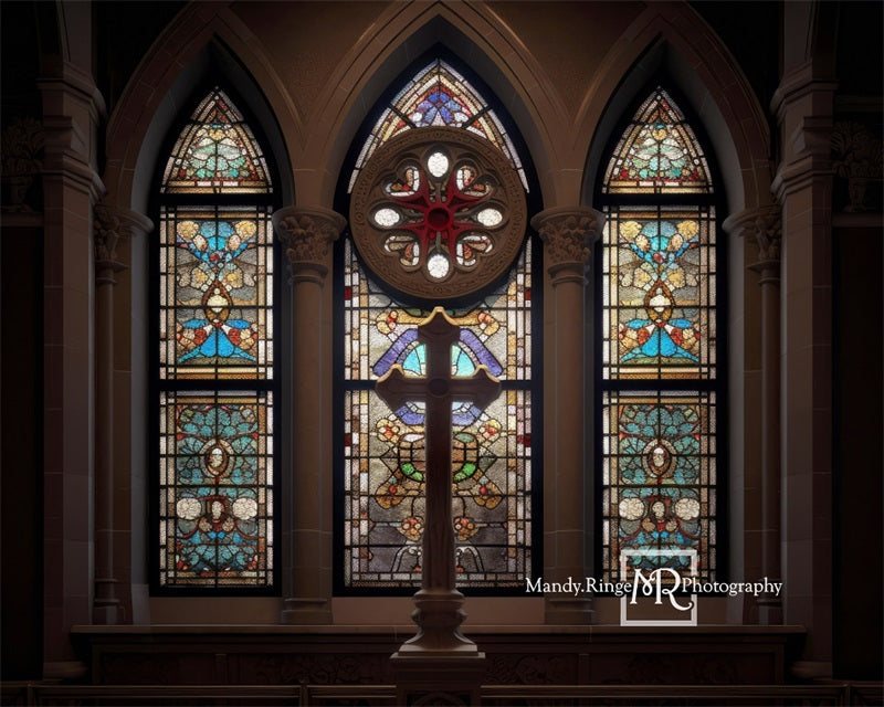 Kate Gotisches Buntglasfenster mit Kreuz Hintergrund von Mandy Ringe Fotograf - Kate Backdrop.de