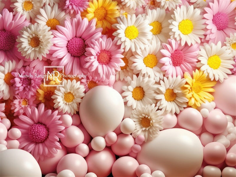 Kate Rosa Gelb Weiß Luftballon Wand mit Gänseblümchen Hintergrund von Mandy Ringe Fotograf - Kate Backdrop.de