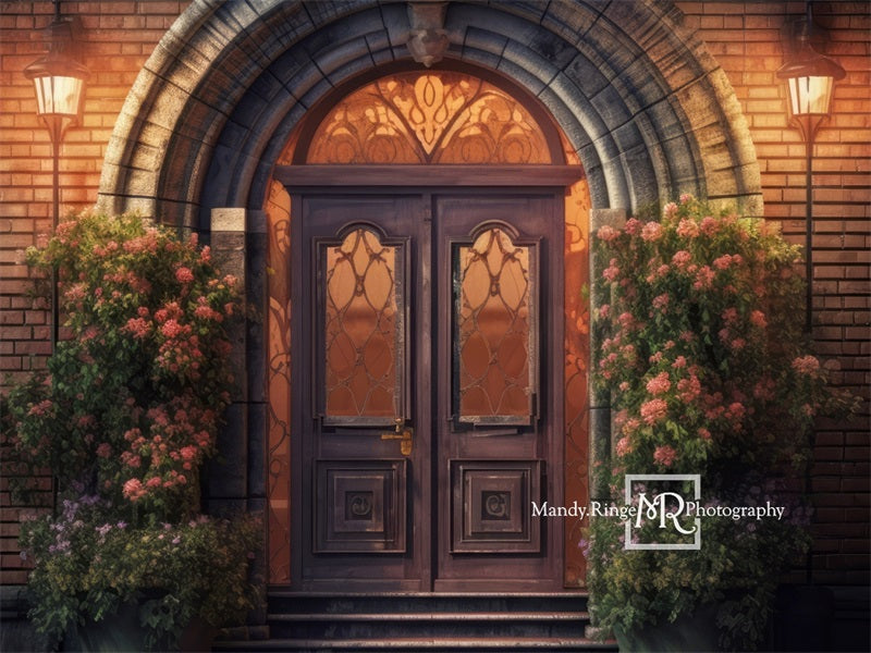 Kate Lila Haustür mit Blumen bei Nacht Hintergrund von Mandy Ringe Fotograf - Kate Backdrop.de