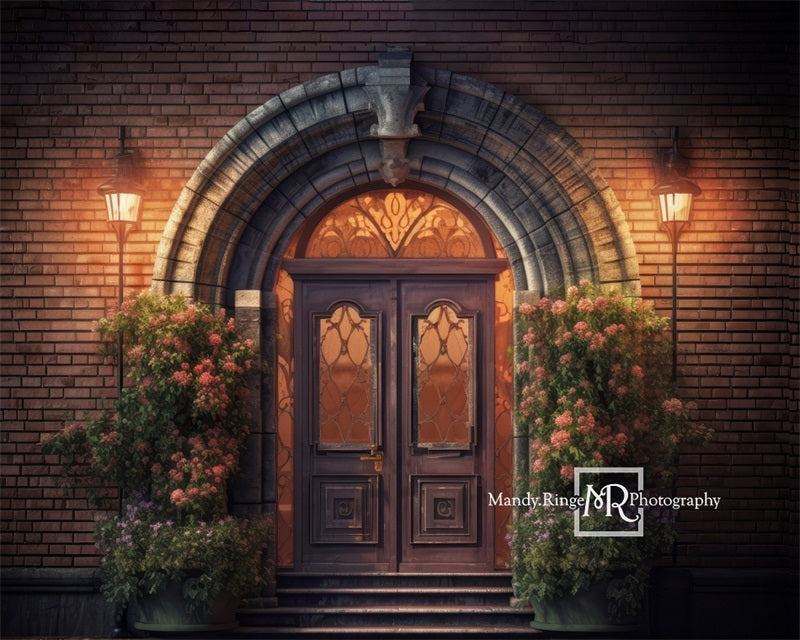 Kate Lila Haustür mit Blumen bei Nacht Hintergrund von Mandy Ringe Fotograf - Kate Backdrop.de