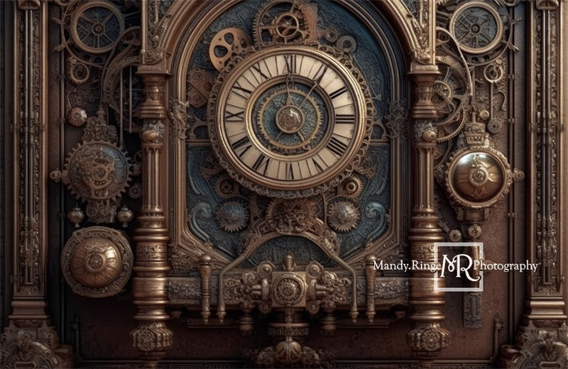 Kate Steampunk-Wand mit Zahnrädern und Uhr als Hintergrund von Mandy Ringe Fotograf - Kate Backdrop.de