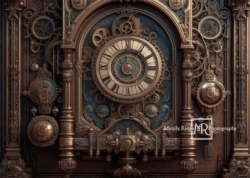 Kate Steampunk-Wand mit Zahnrädern und Uhr als Hintergrund von Mandy Ringe Fotograf - Kate Backdrop.de