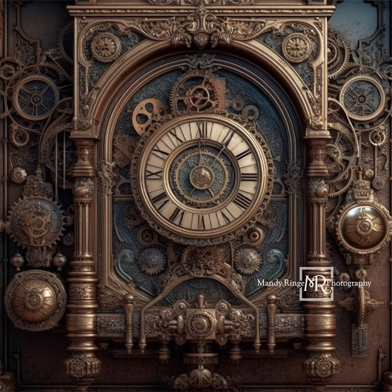 Kate Steampunk-Wand mit Zahnrädern und Uhr als Hintergrund von Mandy Ringe Fotograf - Kate Backdrop.de