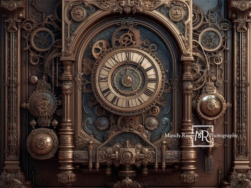 Kate Steampunk-Wand mit Zahnrädern und Uhr als Hintergrund von Mandy Ringe Fotograf - Kate Backdrop.de