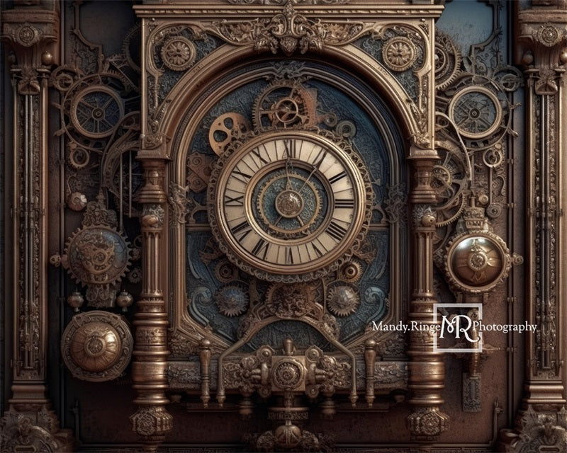 Kate Steampunk-Wand mit Zahnrädern und Uhr als Hintergrund von Mandy Ringe Fotograf - Kate Backdrop.de