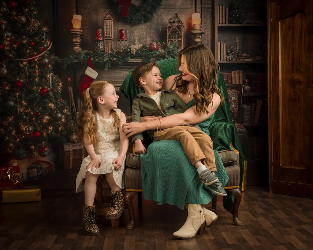 Kate Retro Weihnachtsbaum Kamin Santa Warmes Haus Buch Fleece Hintergrund - Kate Backdrop.de