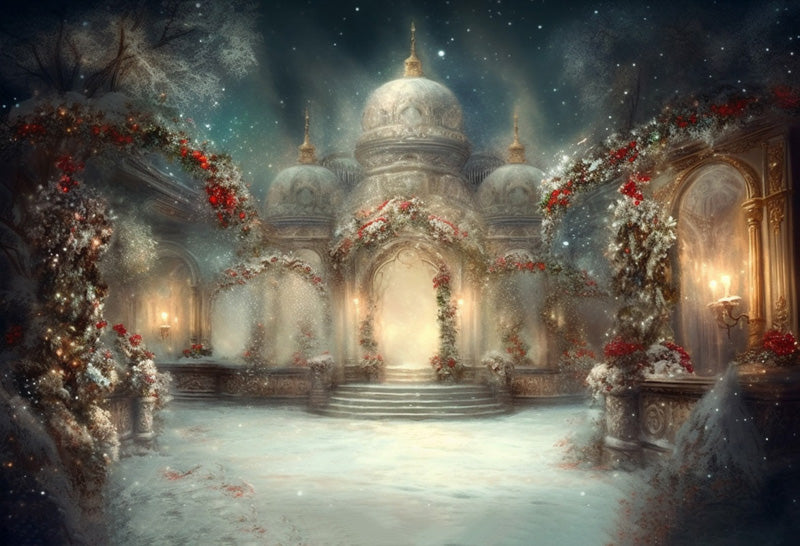 Kate Winter Weihnachten Schnee Blume Klassische Architektur Kirche Hintergrund für Fotografie - Kate Backdrop.de