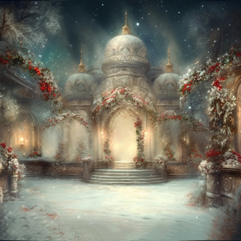 Kate Winter Weihnachten Schnee Blume Klassische Architektur Kirche Hintergrund für Fotografie - Kate Backdrop.de