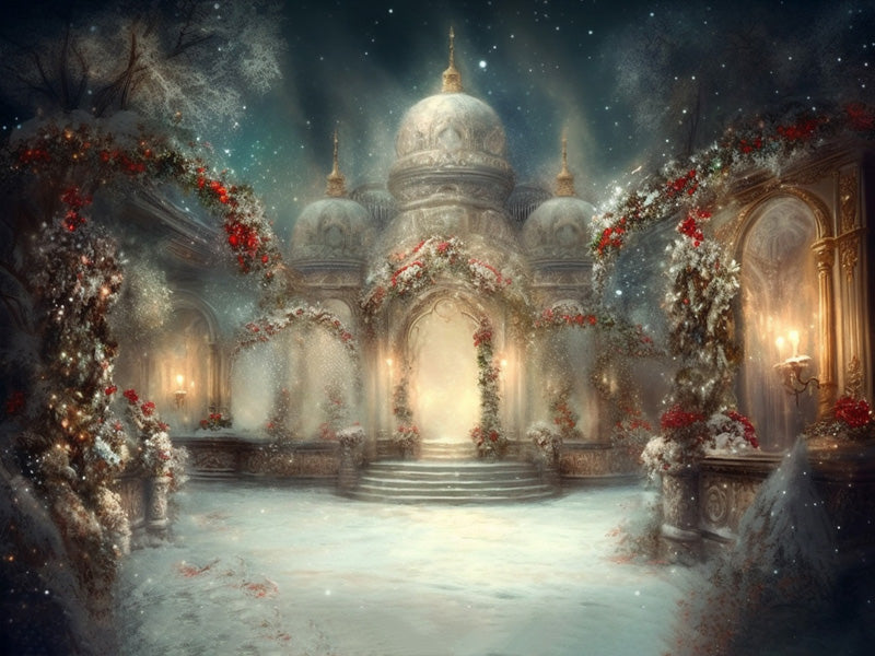 Kate Winter Weihnachten Schnee Blume Klassische Architektur Kirche Hintergrund für Fotografie - Kate Backdrop.de