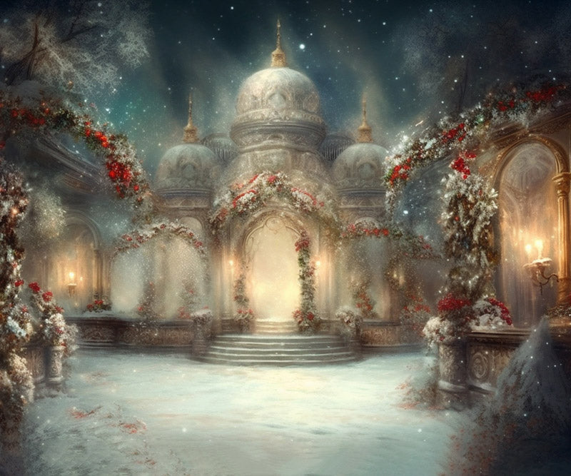 Kate Winter Weihnachten Schnee Blume Klassische Architektur Kirche Hintergrund für Fotografie - Kate Backdrop.de