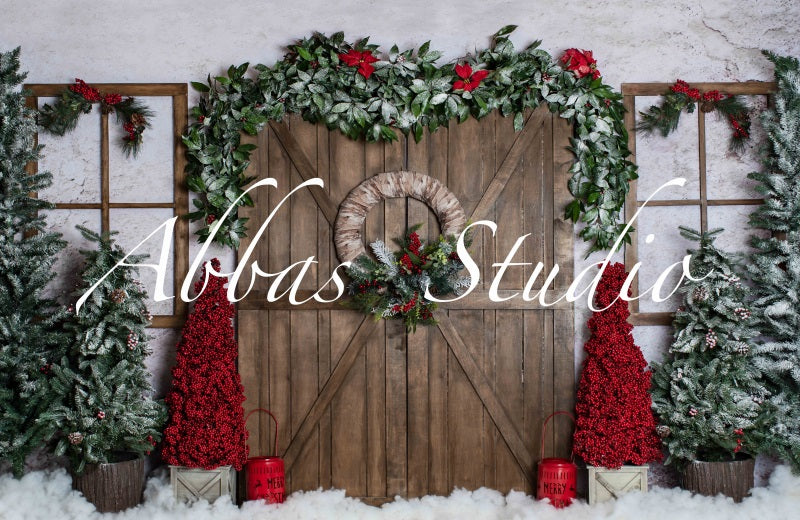 Kate Weihnachten Scheune Tür mit rotem Hintergrund von Abbas Studio - Kate Backdrop.de