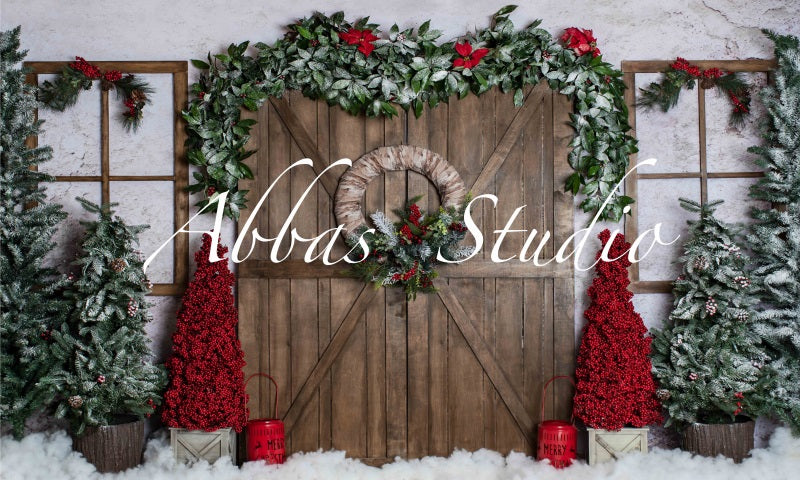Kate Weihnachten Scheune Tür mit rotem Hintergrund von Abbas Studio - Kate Backdrop.de
