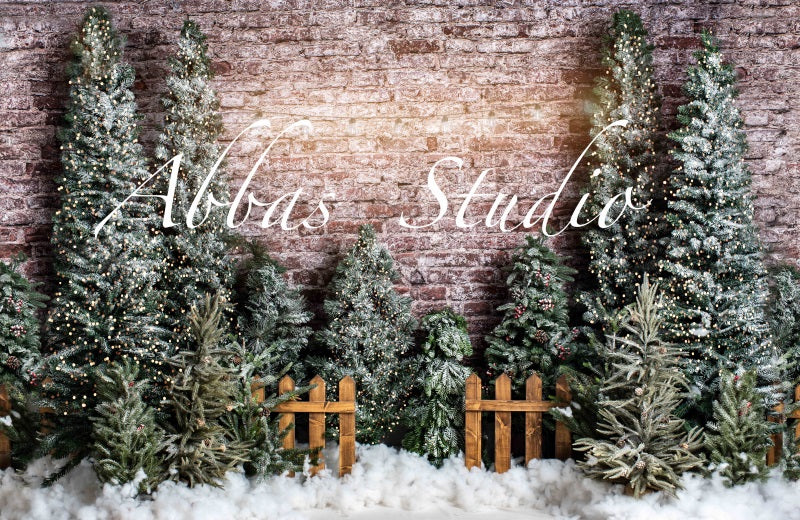 Kate Weihnachtszaun im Freien mit Bäumen und Licht-Hintergrund von Abbas Studio - Kate Backdrop.de