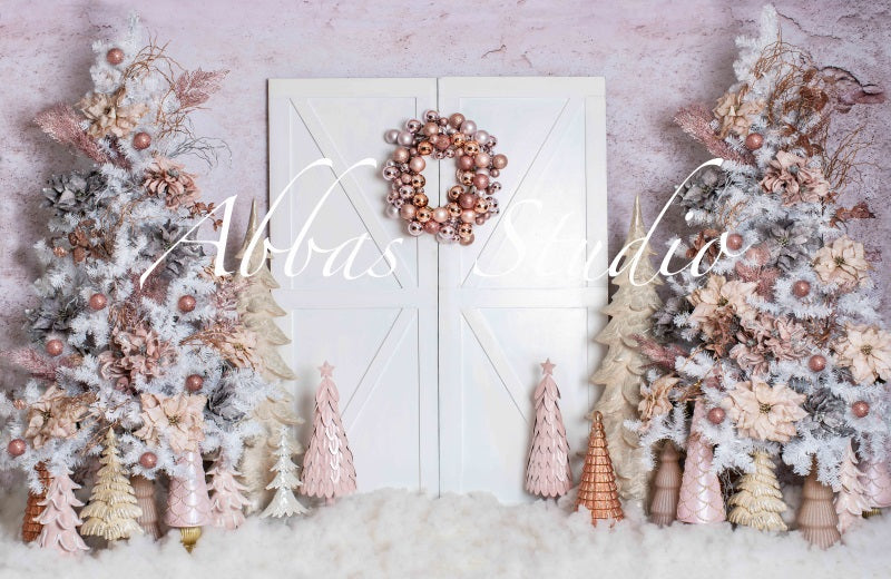 Kate Weihnachtsrosa mit weißem Scheunentor Hintergrund von Abbas Studio - Kate Backdrop.de