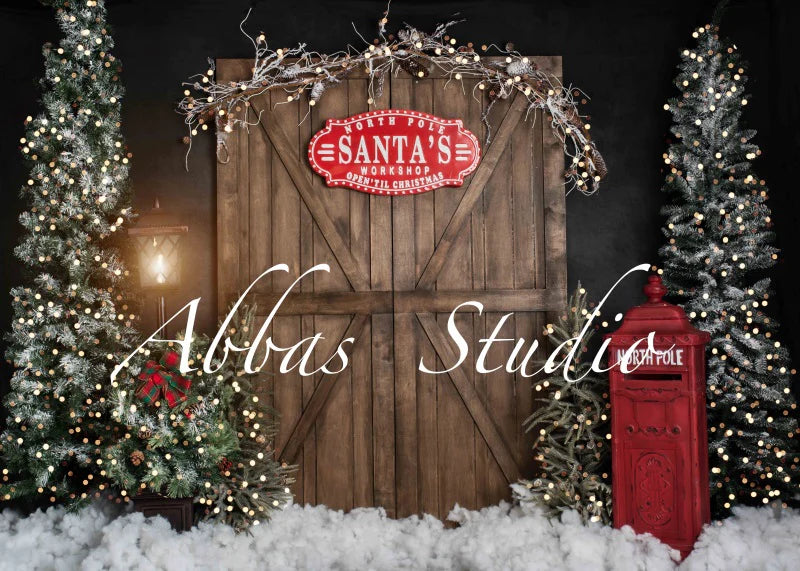 Kate Weihnachten Santa's Workshop Tür mit Lichtern Hintergrund von Abbas Studio - Kate Backdrop.de