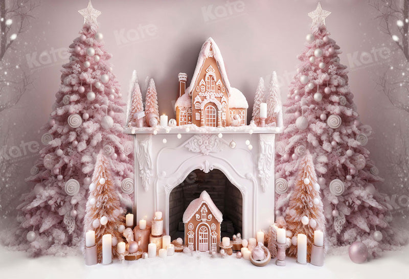 Kate Weihnachten Rosa Baum Kamin Lebkuchenhaus Hintergrund für Fotografie - Kate Backdrop.de