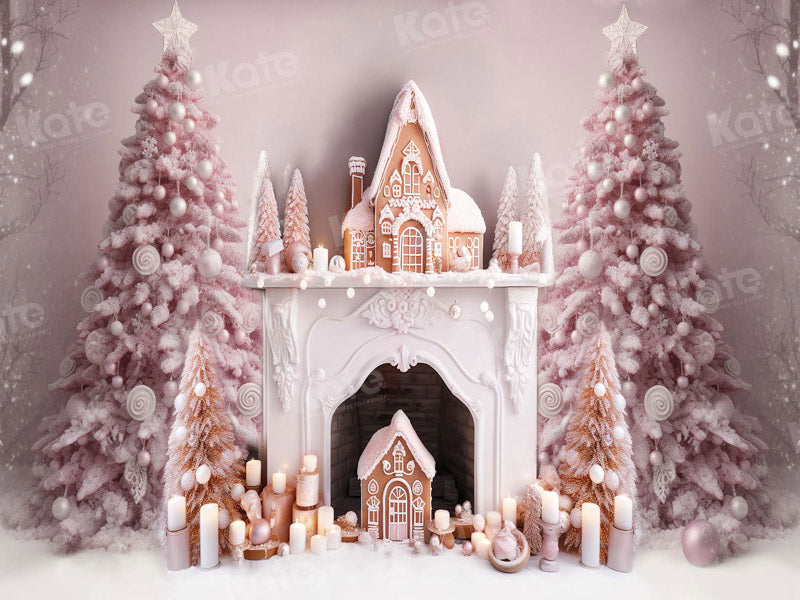 Kate Weihnachten Rosa Baum Kamin Lebkuchenhaus Hintergrund für Fotografie - Kate Backdrop.de