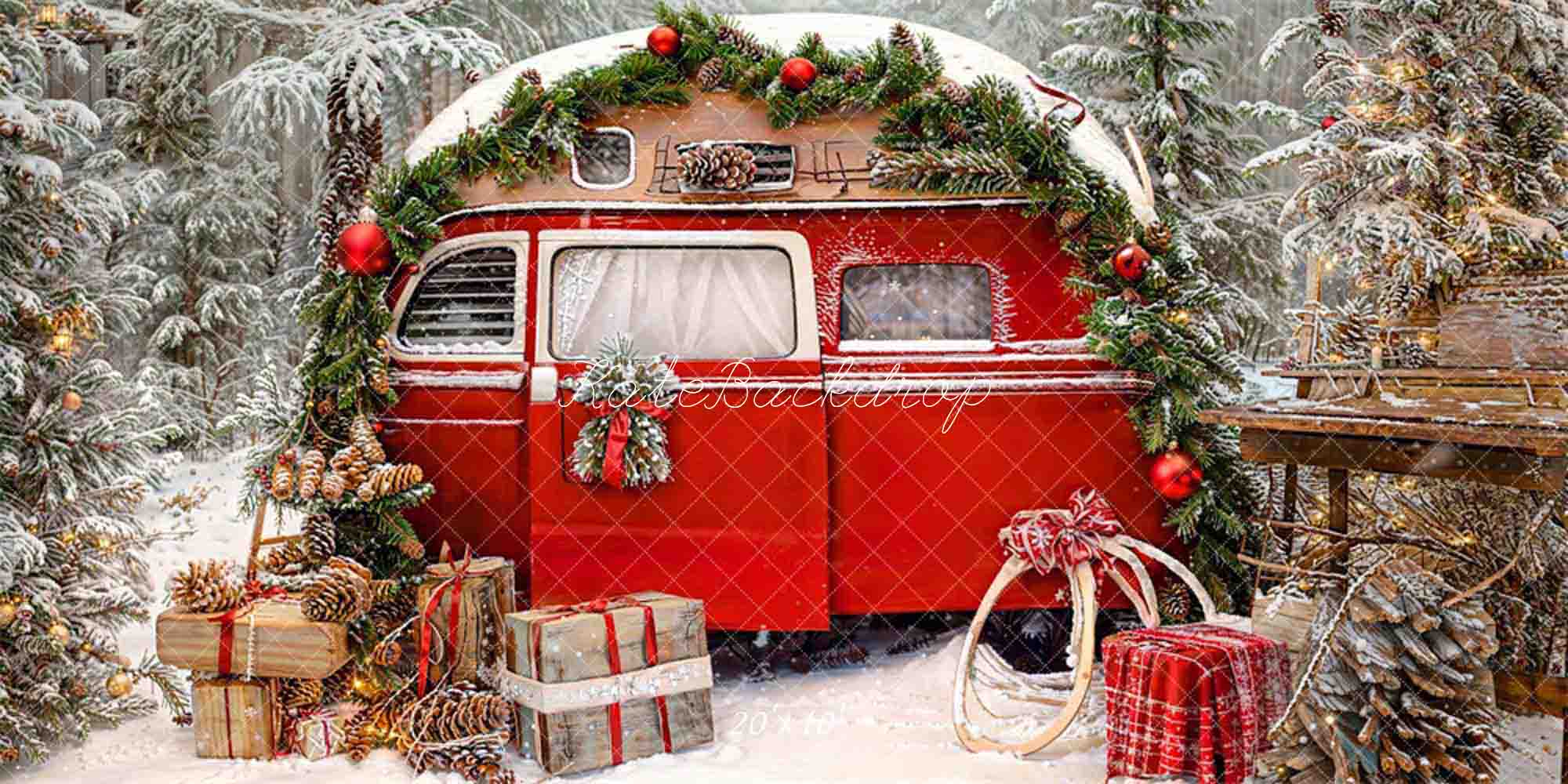 Kate Weihnachten Outdoor Camping Rot Auto Bäume Hintergrund für Fotografie - Kate Backdrop.de