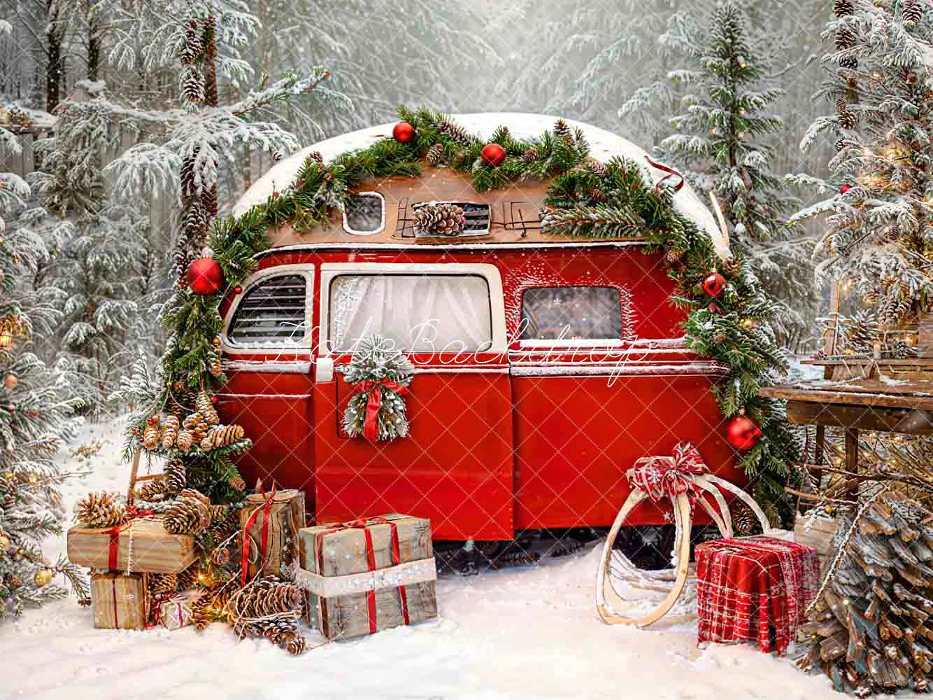 Kate Weihnachten Outdoor Camping Rot Auto Bäume Hintergrund für Fotografie - Kate Backdrop.de