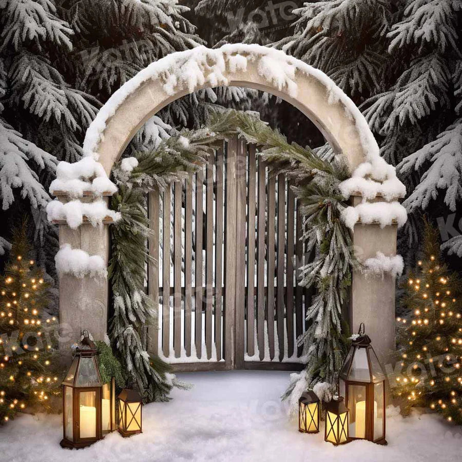 Kate Weihnachten im Freien verschneites Tor Baum Licht Hintergrund von Chain Photography - Kate Backdrop.de