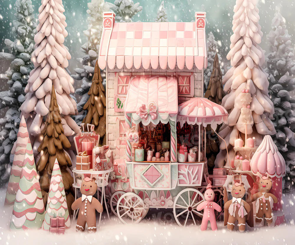 Kate Weihnachten Snowy Pink Shop Cart Lebkuchen Mann Hintergrund für die Fotografie - Kate Backdrop.de