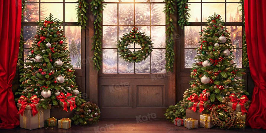 Kate Weihnachten - Baum Fenster Rot Vorhang Hintergrund von Chain Photography - Kate Backdrop.de