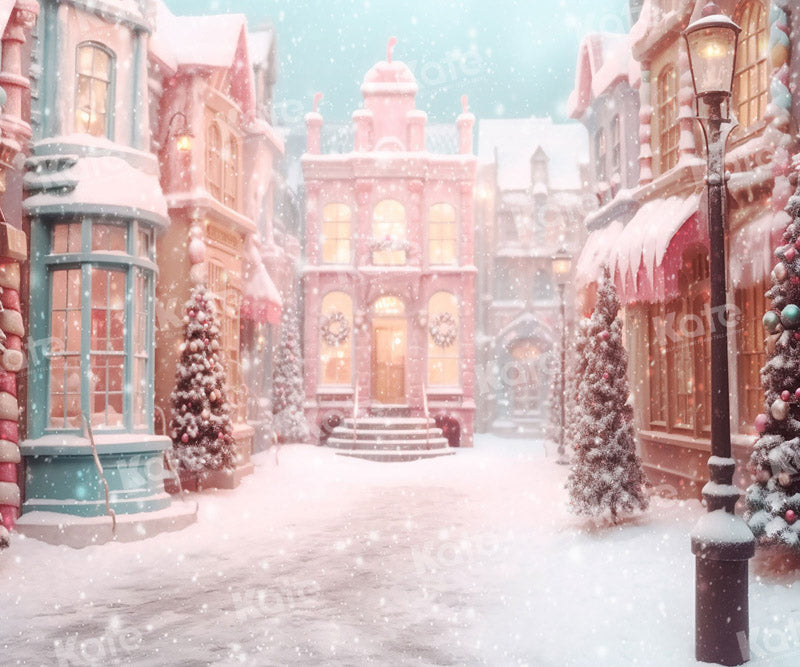Kate Rosa Weihnachten Schneebedeckte Stadt Bonbon Kulisse für Fotografie Hintergrund Entworfen von Photography - Kate Backdrop.de