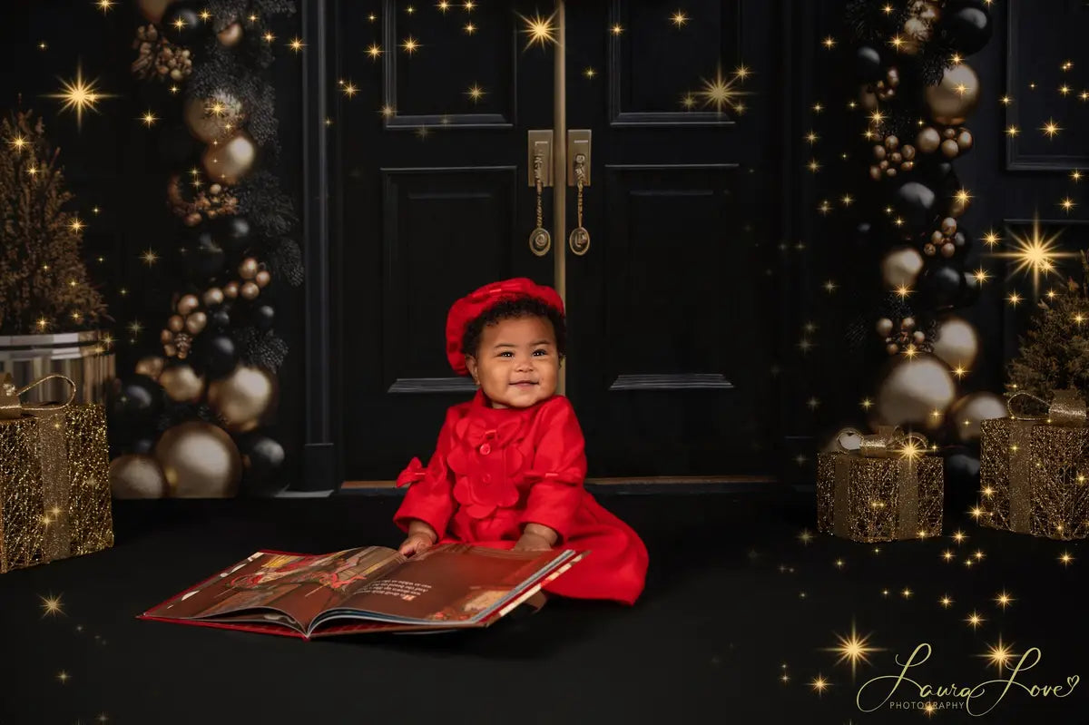 Kate Elegant Schwarz Gold Weihnachten Tür Fleece Hintergrund Entworfen von Mandy Ringe - Kate Backdrop.de