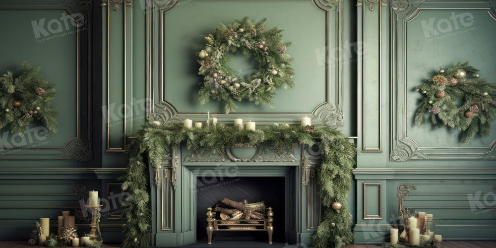 Kate Eleganter Kamin mit Weihnachtsgrün Fleece Hintergrund Entworfen von Mandy Ringe - Kate Backdrop.de