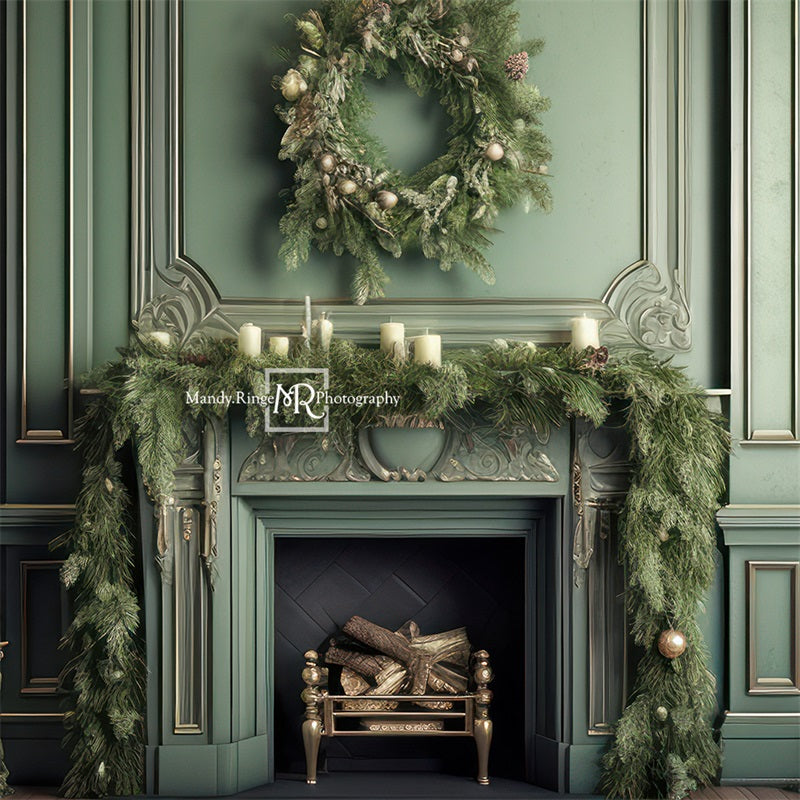 Kate Eleganter Kamin mit Weihnachtsgrün Fleece Hintergrund Entworfen von Mandy Ringe - Kate Backdrop.de