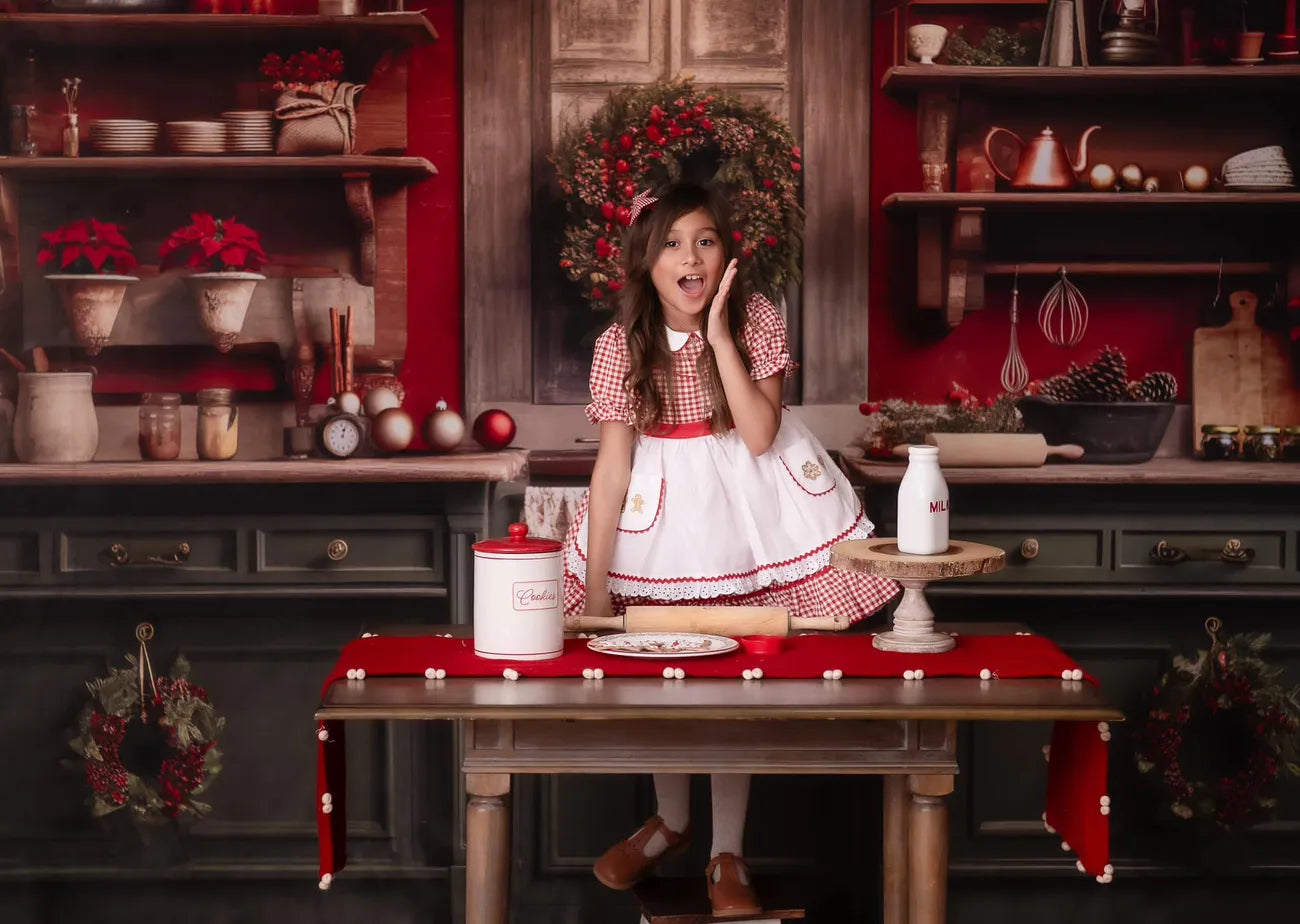 Kate Rot und Grün Weihnachtsküche Fleece Hintergrund Entworfen von Mandy Ringe - Kate Backdrop.de