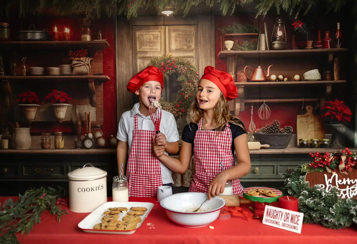 Kate Rot und Grün Weihnachtsküche Fleece Hintergrund Entworfen von Mandy Ringe - Kate Backdrop.de