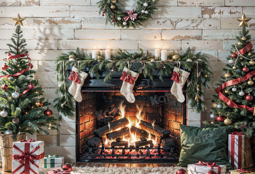 Kate Weihnachten Brennender Kamin Weiße Wand Hintergrund für Fotografie - Kate Backdrop.de