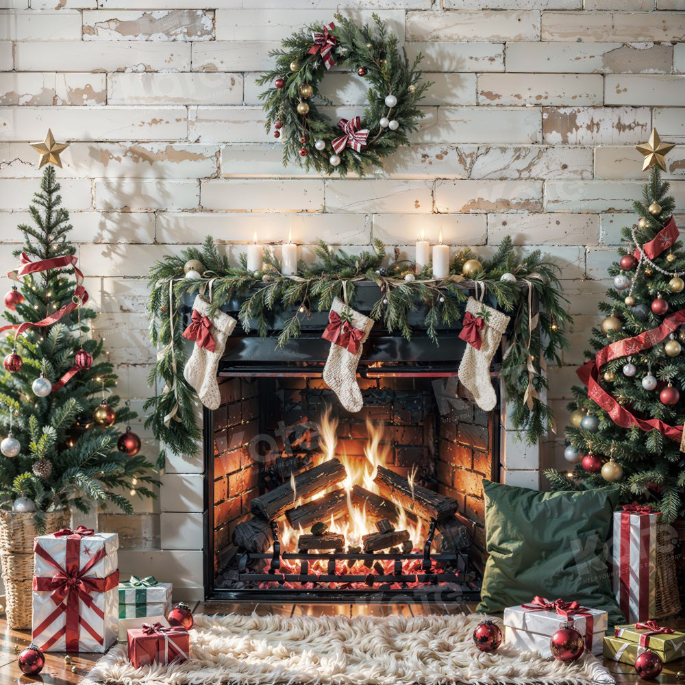 Kate Weihnachten Brennender Kamin Weiße Wand Hintergrund für Fotografie - Kate Backdrop.de